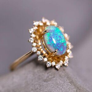 Stunning Halo Diamond Semi-Black Opal Engagement Ring 18K Yellow Gold